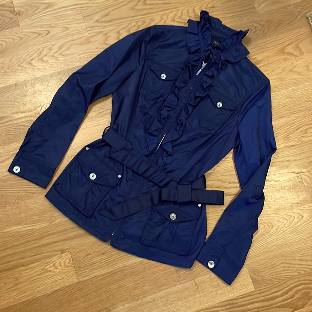 White House Black Market BLUE Ruffle Nylon Jacket/Rain Coat EUC Size XS